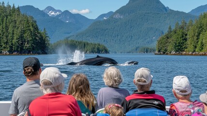 A group of people are watching a whale in the ocean