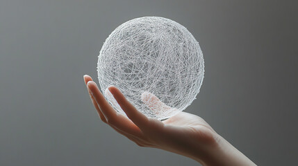A hand holding an abstract white sphere made of thin threads, symbolizing the power and intricacy of web design