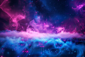 Obraz premium Synthwave vaporwave retrowave cyber background with copy space, laser grid, starry sky, blue and purple glows with smoke and particles. Design for poster, cover, wallpaper, web, banner, etc
