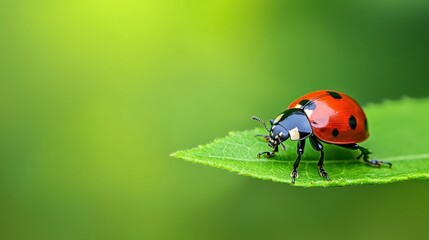 Close-up of a ladybug on a leaf with blurred natural green background. Copy space.