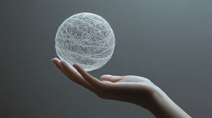 A hand holding an abstract white sphere made of thin threads, symbolizing the power and intricacy of web design