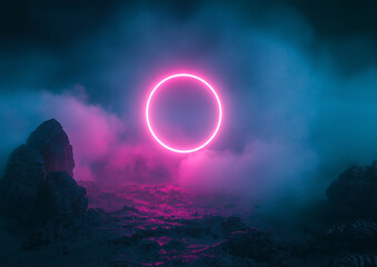 Fototapeta premium 3D render of a neon circle on a black background with smoke and fog. The pink and blue light ring is glowing with a dark abstract cloud in the sky. The glowing ring is set against a dark background.