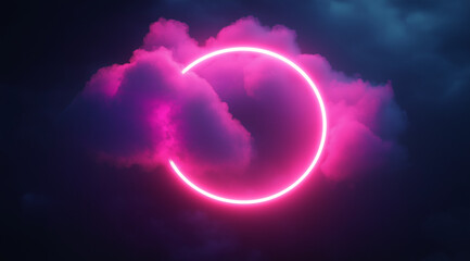 Obraz premium 3D render of a neon circle on a black background with smoke and fog. The pink and blue light ring is glowing with a dark abstract cloud in the sky. The glowing ring is set against a dark background.