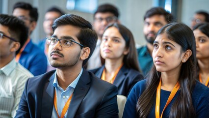 Obraz premium Focused Student Attendees – Indian students listening intently at a conference. 