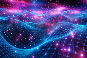 Obraz premium Synthwave wireframe net illustration with smoke or fog. Abstract digital background. 80s, 90s Retro futurism, Retro wave cyber grid. Deep space surfaces. Neon lights glowing. Starry background. Vector