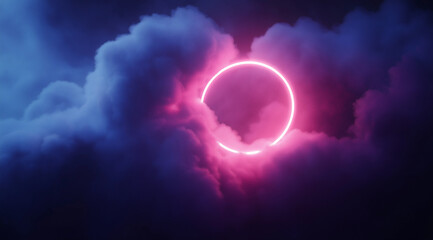 3D render of a neon circle on a black background with smoke and fog. The pink and blue light ring is glowing with a dark abstract cloud in the sky. The glowing ring is set against a dark background.