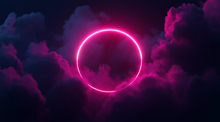 3D render of a neon circle on a black background with smoke and fog. The pink and blue light ring is glowing with a dark abstract cloud in the sky. The glowing ring is set against a dark background.