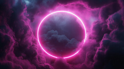 Obraz premium 3D render of a neon circle on a black background with smoke and fog. The pink and blue light ring is glowing with a dark abstract cloud in the sky. The glowing ring is set against a dark background.