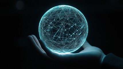 Hand holding a glowing digital network sphere on a dark background, a technology concept
