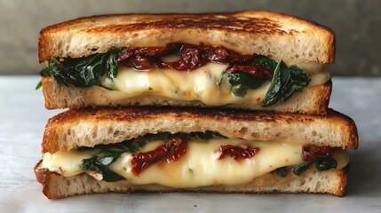 Melted cheese, fresh spinach, and flavorful sun-dried tomatoes are sandwiched between golden toasted bread, creating a delightful, mouthwatering treat perfect for any meal.
