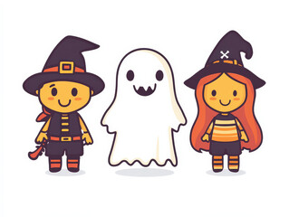 A Spooky Halloween Scene with Ghosts and Witches Hats