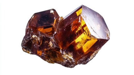 Glossy orange-brown epidote crystal with transparent facets on white background