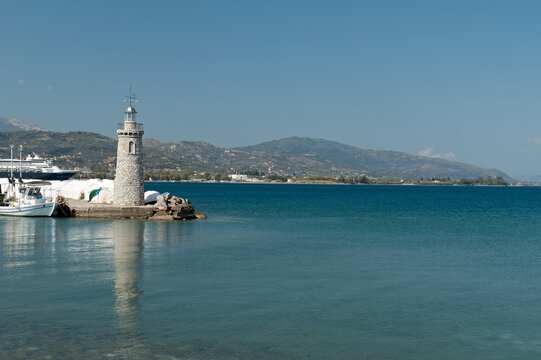 View of Aigio port and lighthouse. Gulf of Corinth, Ionian sea. Peloponnese. Greece.