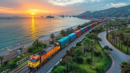 A vibrant container train moves along a coastal track, surrounded by palm trees and ocean views as the sun sets behind distant mountains