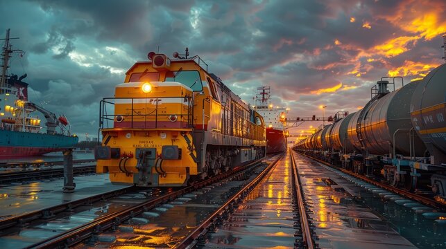 A locomotive stands on wet tracks illuminated by a vibrant sunset, surrounded by tanker cars and distant ships in the port