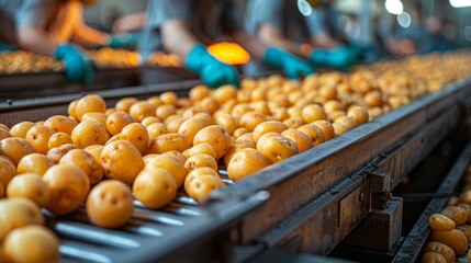 Workers sort and package freshly harvested potatoes on conveyor belts in a bustling agricultural facility