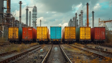 Fototapeta premium Freight train cars are aligned on tracks beside an industrial area under a cloudy sky, showcasing vibrant colors and a hint of nature surrounding the rails
