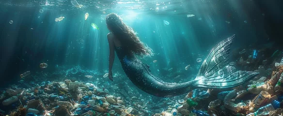 A mermaid gracefully navigates through an underwater world cluttered with plastic debris, surrounded by beams of light filtering from above