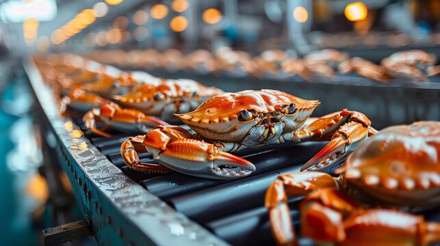 Crabs are lined up on a conveyor belt inside a bustling seafood processing facility, showcasing the busy environment of crab preparation
