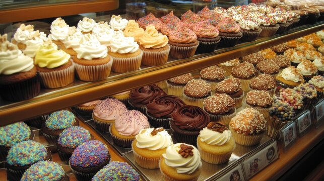 Variety of Gourmet Cupcakes Displayed in Bakery, Sweet Treats Showcase