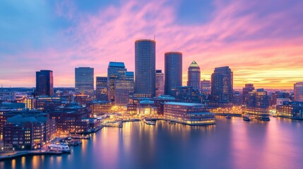 Fototapeta premium Vibrant City Skyline at Sunset, Urban Landscape Glow