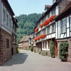 Cobblestone street in a charming German village with traditional half-timbered houses and lush greenery.