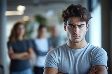 Fototapeta premium Serious young man with others in background