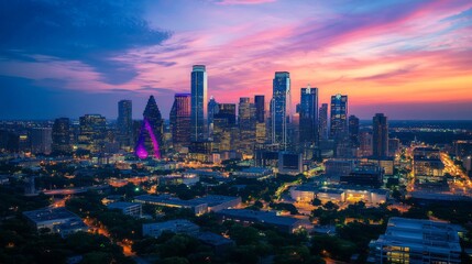 Fototapeta premium Vibrant City Skyline at Sunset, Urban Landscape Glowing with Warm Colors