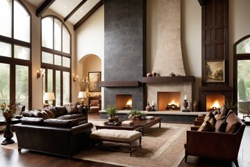 Fototapeta premium A cozy living room with a fireplace, wooden furniture, and classic decor