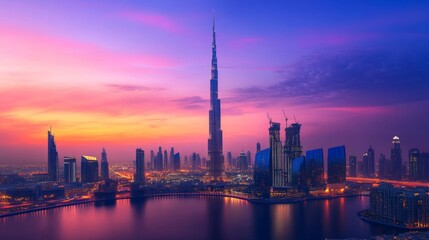 Fototapeta premium Vibrant City Skyline at Sunset, Urban Landscape Glowing in Warm Evening Light