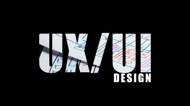 UX UI text and design and inside a paper drawn template of a future UX design on a black background
