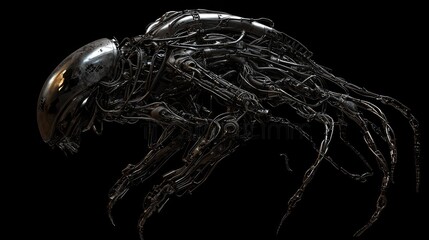 Naklejka premium Nightmarish Biomechanical Fusion: A Terrifying 3D Render of a Metal and Sinew Creature Lurking in Shadows