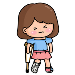 Cute Injured Girl with Crutch Illustration