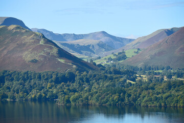 Panorama from Caastlewood viewpoint over Derwentwater near Keswick in the Lake District
