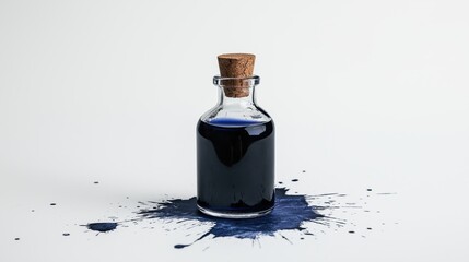 A small glass bottle filled with dark ink sits at the center, surrounded by vivid blue splatters against a clean backdrop, capturing a moment of artistic inspiration.