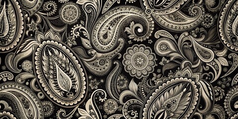 Seamless Black and White Paisley Pattern in Low Light Photography for Elegant Decor and Fashion Designs, Intricate Textures, Monochrome Aesthetic, Stylish Backgrounds, and Unique Visuals