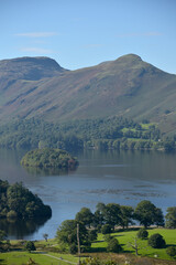 Panorama from Caastlewood viewpoint over Derwentwater near Keswick in the Lake District