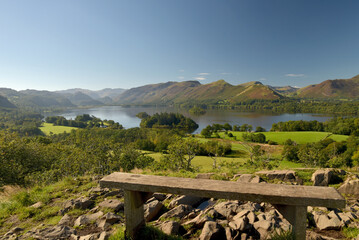 Panorama from Caastlewood viewpoint over Derwentwater near Keswick in the Lake District