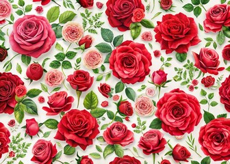 Seamless Floral Print of Red Roses on White Background for Fabric, Wallpaper, and Tile Design - Perfect for Home Decor and Fashion Textiles