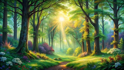 Obraz premium Seamless Hand-Drawn Forest Card Design with Panoramic Photography, Nature Elements, Eco-Friendly, Beautiful Landscapes, Artistic Illustrations for Greeting Cards and Invitations