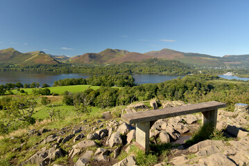Panorama from Caastlewood viewpoint over Derwentwater near Keswick in the Lake District