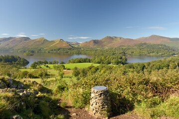 Panorama from Caastlewood viewpoint over Derwentwater near Keswick in the Lake District