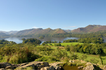 Panorama from Caastlewood viewpoint over Derwentwater near Keswick in the Lake District