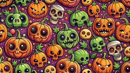 Fototapeta premium Seamless Pattern of Cartoon Zombie Pumpkins and Skulls for Halloween Designs - Spooky, Fun, and Creative Backgrounds for Halloween Crafts, Party Invitations, and Seasonal Decor