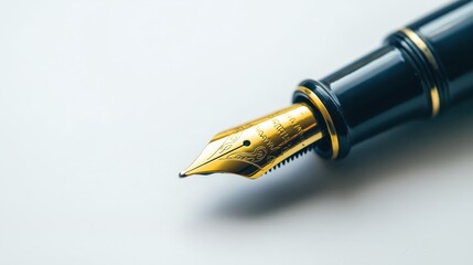 A sleek fountain pen, showcasing a shiny gold nib, rests gracefully on a pristine surface, inviting creativity and thoughtful writing.
