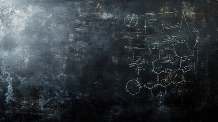 Obraz premium Dark Chalkboard with Chemical Structure and Formulas