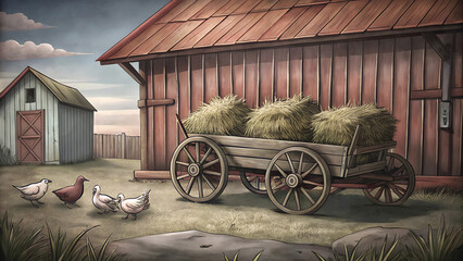 Fototapeta premium Rustic farm scene with wooden hay cart, red barn, and chickens in grassy, dirt-covered yard