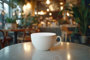 White cup on table in cozy café with warm lighting