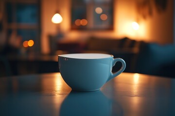 Fototapeta premium Cozy blue cup on table in warm light.