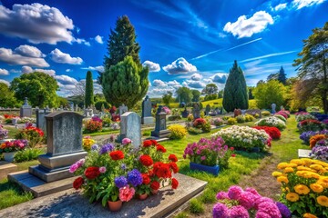 Obraz premium Serene Floral Tribute: Panoramic View of Vibrant Flowers Adorning a Peaceful Cemetery Landscape